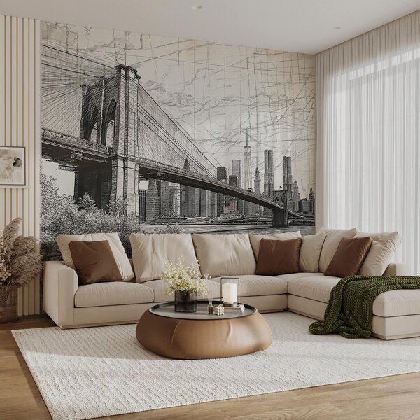 Fotótapéta Panoráma a Brooklyn hídról, vázlatos retro technikával, vonalakkal és, Városok és országok fotótapéta, w01961 : Uwalls.hu