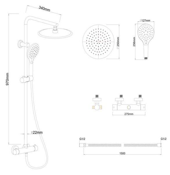 Erga Bergen Therm, zuhanygarnitúra termosztatikus csapteleppel és esőfejjel 25cm, fekete matt, ERG-YKA-BP.BERGEN-THERM-25-BLK