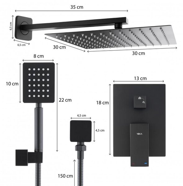 Erga Dual, rejtett zuhanygarnitúra esőfejjel 30x30 cm, i-BOX beépítési rendszer, matt fekete, ERG-YKA-BP.DUAL30-BLK