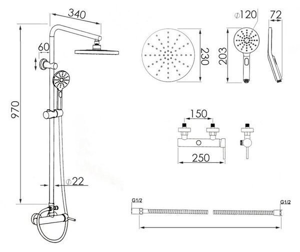 Erga Dubai, zuhanygarnitúra karos csapteleppel és esőfejjel 23 cm, arany fényes, ERG-YKA-BP.DUBAJ23-GLD