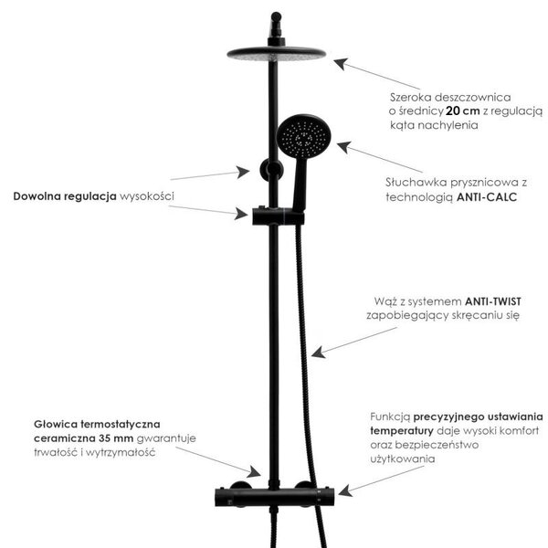 Erga Enza, zuhanygarnitúra termosztatikus csapteleppel és esőfejjel 20cm, fekete matt, ERG-YKA-BP.ENZA20-BLK