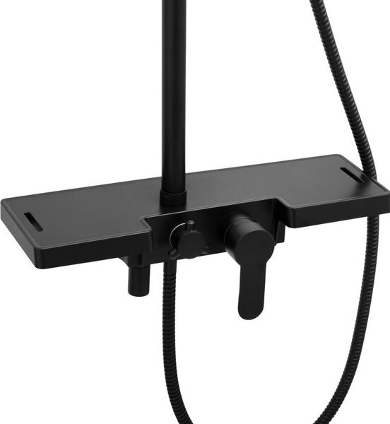 Erga Oslo, zuhanygarnitúra karos csapteleppel, polccal és esőfejjel 30x30 cm, matt fekete, ERG-YKA-BP.OSLO-30-BLK