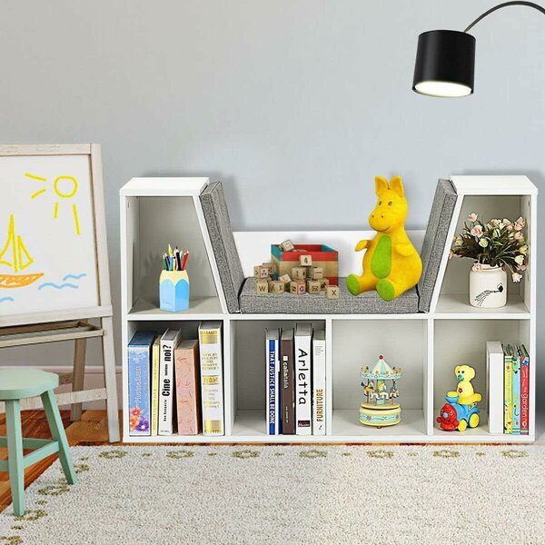 GINGER HOME Gyermek 3 az 1-ben polc paddal – Könyvespolc és játéktároló 6 rekesszel – Fehér 112x28x61 cm – Ajándék 3+