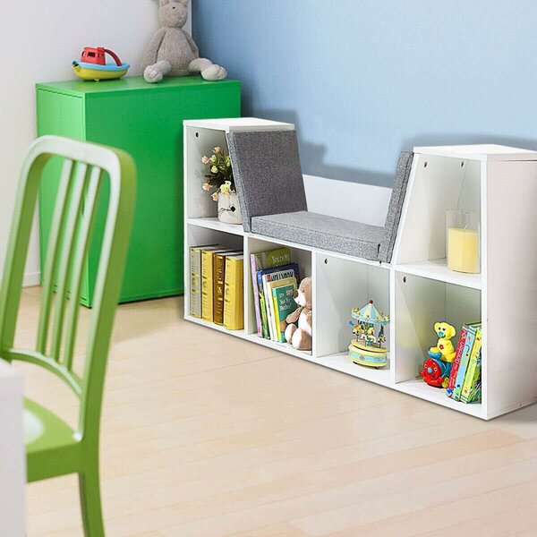 GINGER HOME Gyermek 3 az 1-ben polc paddal – Könyvespolc és játéktároló 6 rekesszel – Fehér 112x28x61 cm – Ajándék 3+