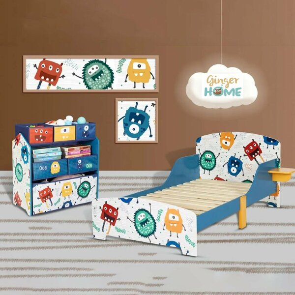 GINGER HOME Gyermekágy 140x70 cm oldalsó védelemmel – MONSTER Faágy, 18 hónapos kortól