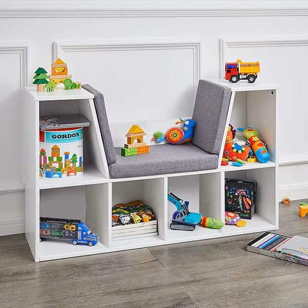 GINGER HOME Gyermek 3 az 1-ben polc paddal – Könyvespolc és játéktároló 6 rekesszel – Fehér 112x28x61 cm – Ajándék 3+