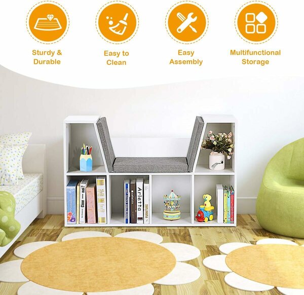 GINGER HOME Gyermek 3 az 1-ben polc paddal – Könyvespolc és játéktároló 6 rekesszel – Fehér 112x28x61 cm – Ajándék 3+