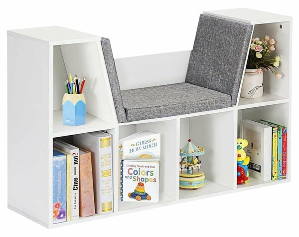 GINGER HOME Gyermek 3 az 1-ben polc paddal – Könyvespolc és játéktároló 6 rekesszel – Fehér 112x28x61 cm – Ajándék 3+