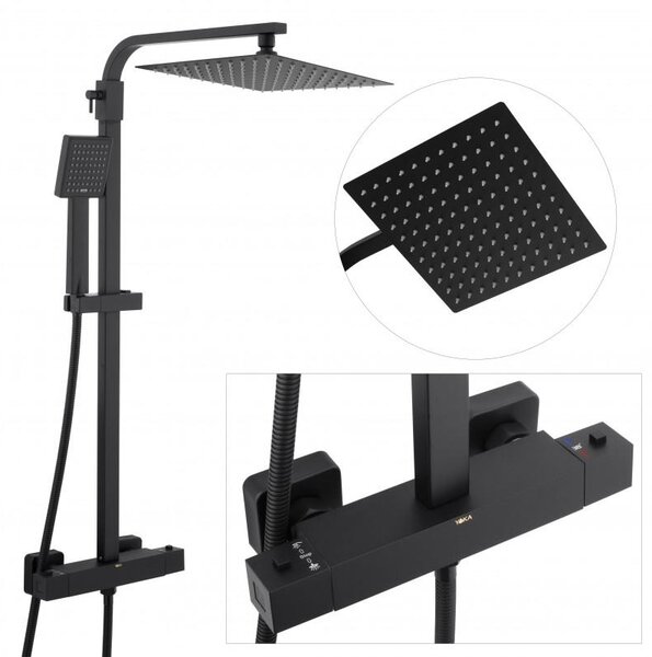 Erga Goba, zuhanygarnitúra termosztát elemmel és esőfejjel 25x25cm, fekete matt, ERG-YKA-BP.GOBA-THERM-25-BLK