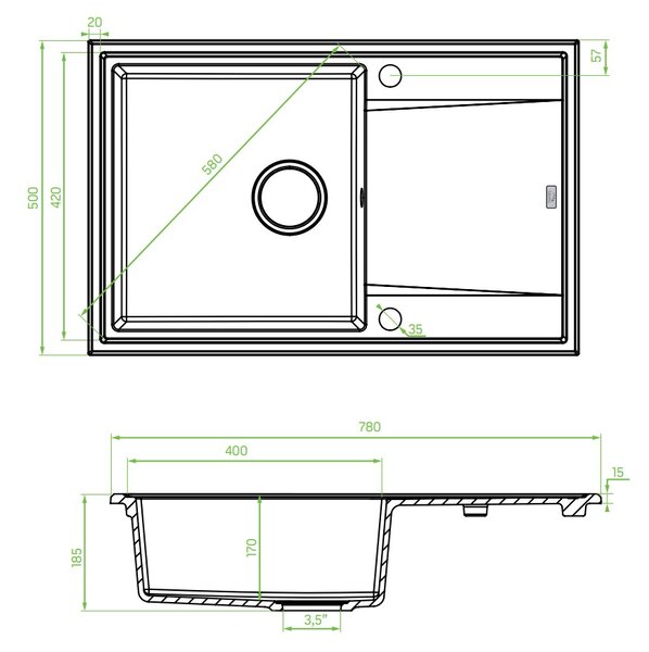 LAVEO Megalo, konyhai mosogató 790x490x230 mm + mosogató csaptelep BKZ_968, szürke, LAV-SBEA511T