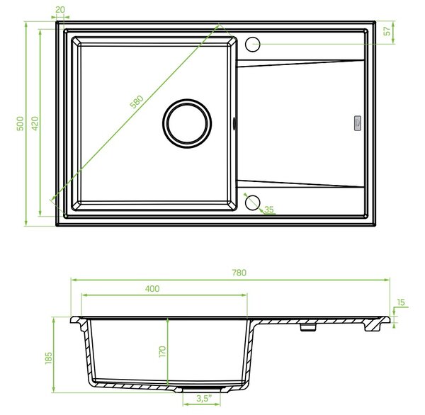 Laveo Megalo, 1 rekeszes gránit mosogató 780x500x185 mm, fehér, LAV-SBE_611T
