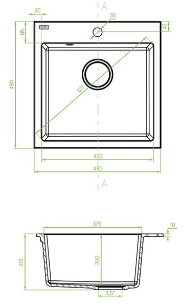 Laveo Alena, 1 kamrás gránit mosogató 490x490x215 mm, fekete foltos, LAV-SBA_710T