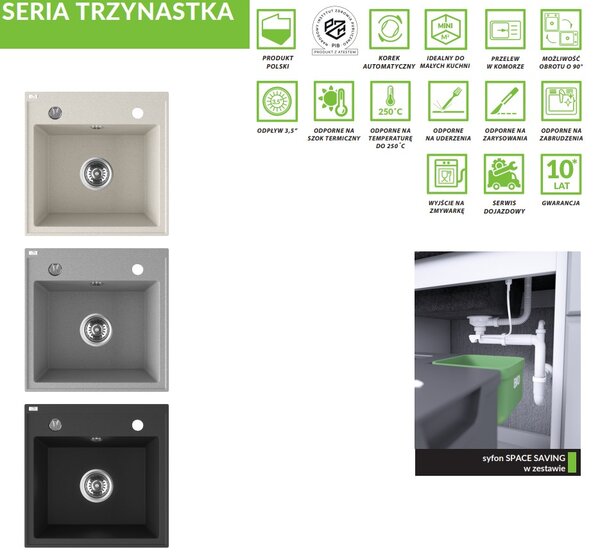Laveo Trzynastka, 1 kamrás gránit mosogató 440x440x173 mm, bézs, LAV-SBP_410T