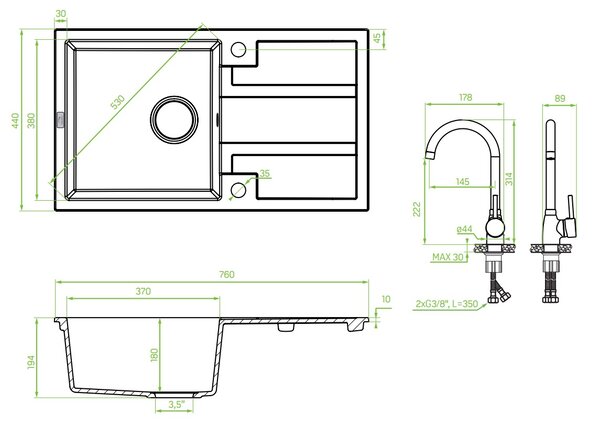 Laveo Barbados, 1 kamrás gránit mosogató 760x440x194 mm, bézs, LAV-SBBA411T