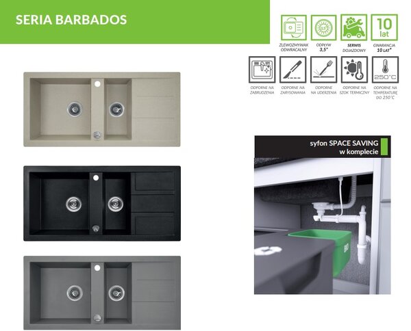 Laveo Barbados, 1,5 kamrás gránit mosogató 1000x480x185 mm, szürke, LAV-SBB_531T