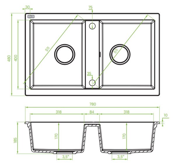 Laveo Barbados, 2 kamrás gránit mosogató 780x480x185 mm, bézs, LAV-SBB_420T