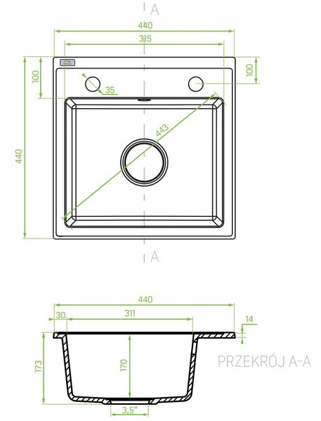 Laveo Trzynastka, 1 kamrás gránit mosogató 440x440x173 mm, bézs, LAV-SBP_410T