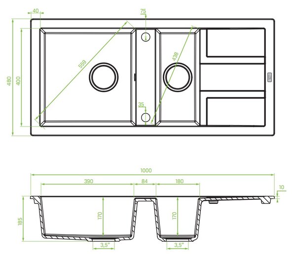 Laveo Barbados, 1,5 kamrás gránit mosogató 1000x480x185 mm, szürke, LAV-SBB_531T