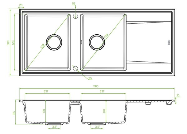 Laveo Megalo, 2 kamrás gránit mosogató 1160x500x185 mm hosszú vízelvezetővel, szürke, LAV-SBE_521T