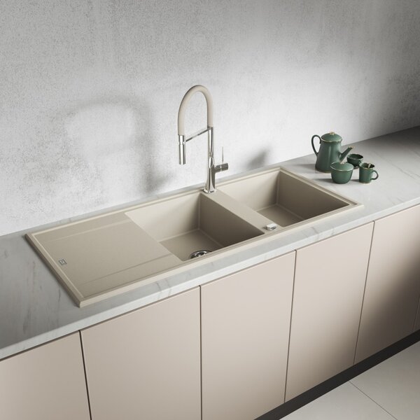 Laveo Megalo, 2 kamrás gránit mosogató 1160x500x185 mm hosszú vízelvezetővel, bézs, LAV-SBE_421T