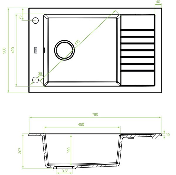 Laveo Pionier, 1 kamrás gránit mosogató 780x500x207, rövid vízelvezetővel, bézs, LAV-SBR_413T