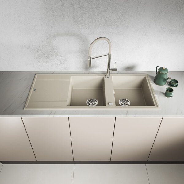 Laveo Megalo, 2 kamrás gránit mosogató 1160x500x185 mm hosszú vízelvezetővel, bézs, LAV-SBE_421T