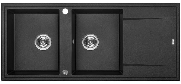 Laveo Megalo, 2 kamrás gránit mosogató 1160x500x185 mm hosszú vízelvezetővel, fekete, LAV-SBE_721T