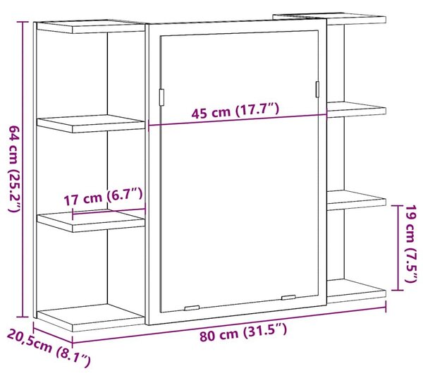 VidaXL Fürdőszobai tükörszekrény Artisan Oak 80x20,5x64 cm Gépelt fa