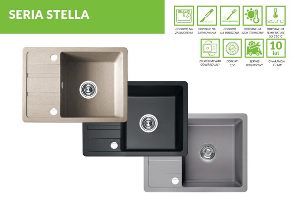 Laveo Stella, 1 kamrás gránit mosogató 580x440x163 mm, rövid vízelvezetővel, bézs, LAV-SBY_413T