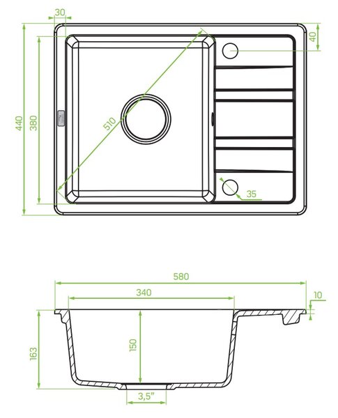 Laveo Stella, 1 kamrás gránit mosogató 580x440x163 mm, rövid vízelvezetővel, bézs, LAV-SBY_413T
