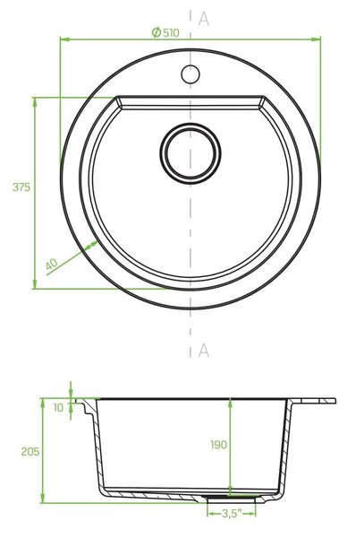 Laveo Dafne, 1 kamrás gránit mosogató 510x510x205 mm, fekete, LAV-SBD_780T