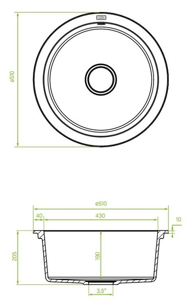 Laveo Dafne, 1 kamrás gránit mosogató 510x510x205 mm, fekete, LAV-SBD_788Y