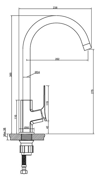 Invena Neri, magas mosogató csaptelep h-385, réz matt, INV-BZ-P1-014-L
