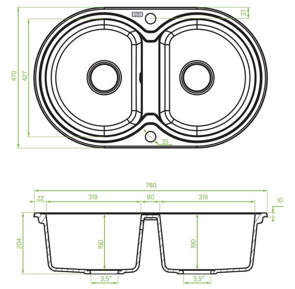 Laveo Dafne, 2-kamrás gránit mosogató 780x470x204 mm, fekete, LAV-SBD_720T