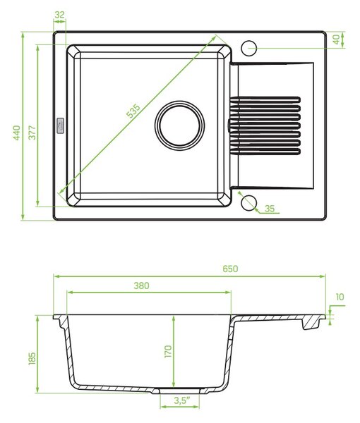 Laveo Celia, 1 kamrás gránit mosogató 650x440x185 mm, rövid vízelvezetővel, szürke, LAV-SBC_513T