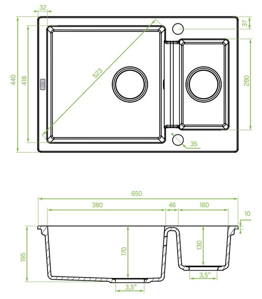 Laveo Celia, 1,5 kamrás gránit mosogató 650x440x195 mm, szürke, LAV-SBC_530T