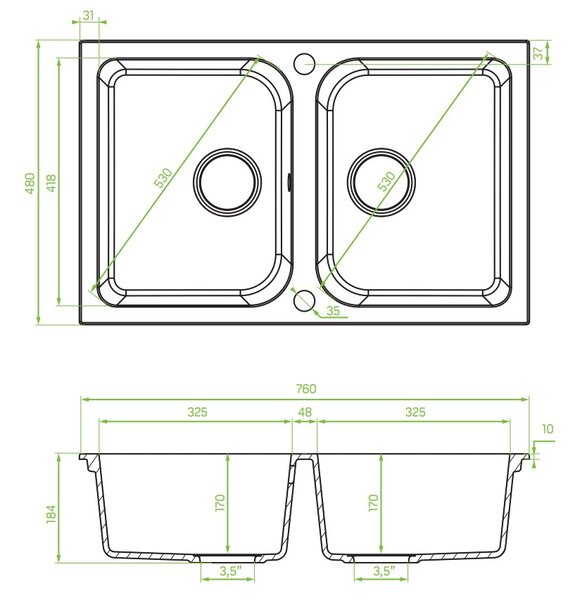Laveo Celia, 2-kamrás gránit mosogató 760x480x184 mm, szürke, LAV-SBC_520T
