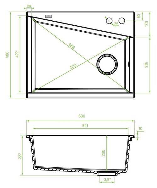 Laveo Grenada, 1 kamrás gránit mosogató 600x480x227 mm, szürke, LAV-SBG_510T