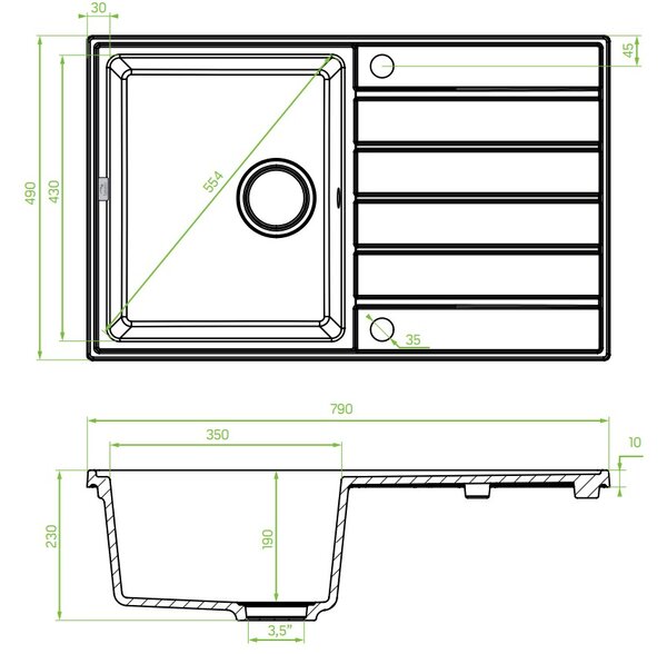 Laveo Margarita, 1 kamrás gránit mosogató 790x490x230 mm, szürke, LAV-SBM_511T