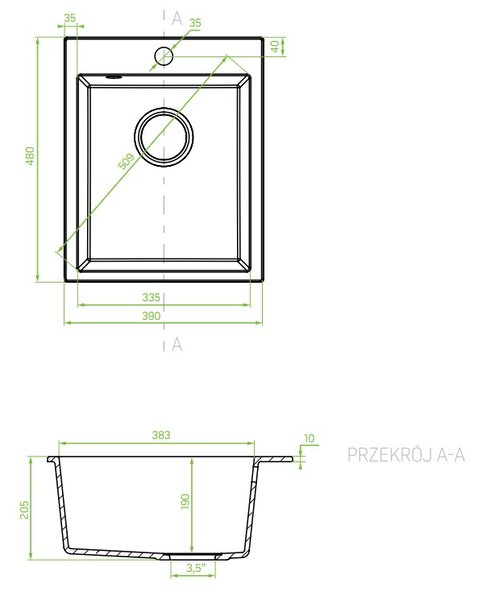 Laveo Chichi, 1 kamrás gránit mosogató 390x480x205 mm, fekete, LAV-SBH_710T