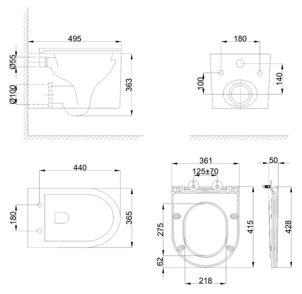 Invena Glamour, falra szerelhető WC csésze Swirlflush 495x365x363 mm + wc ülőke lassan záródó, fehér, INV-CE-92-001-L