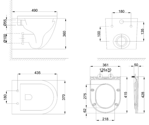 Erga Lily+, fali WC-csésze 490x370x365mm, Tornado 2 perem nélküli + lassú záródású WC-ülőke, matt fekete, ERG-V03-LILY-TO2-BK