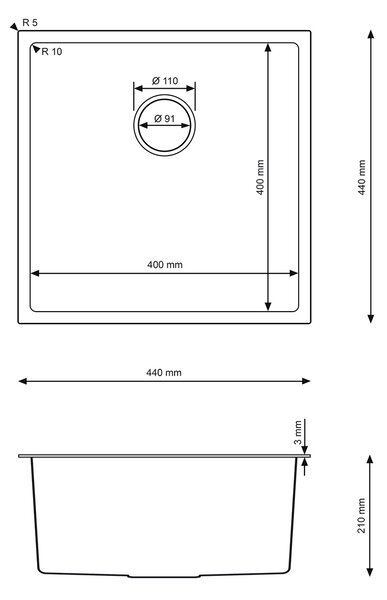 Erga HD, 1 kamrás acél mosogató 440x440x210 mm, acél, ERG-MLS-HD4444