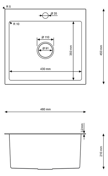 Erga HD, 1 kamrás acél mosogató 480x450x210 mm, acél, ERG-MLS-HD4845