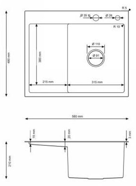 Erga HD, 1 kamrás acél mosogató 580x480x210 mm, jobb, grafit, ERG-MLS-HD5848RB