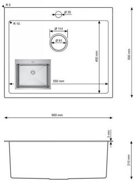 Erga HD, 1 kamrás acél mosogató 600x500x210 mm, acél, ERG-MLS-HD6050X