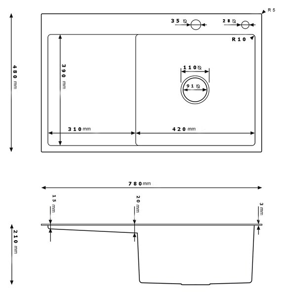 Erga HD, 1 kamrás acél mosogató 780x490x210 mm, jobb, grafit, ERG-MLS-HD7849RB