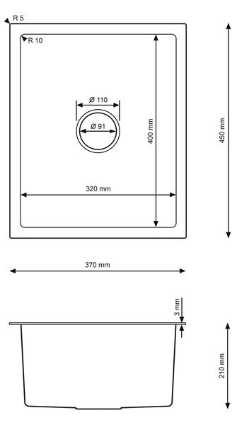Erga HD, 1 kamrás acél mosogató 370x450x210 mm, grafit, ERG-MLS-HD3745B