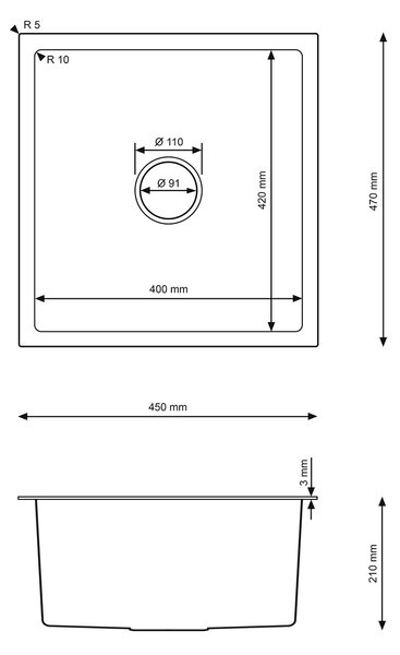 Erga HD, 1 kamrás acél mosogató 470x450x210 mm, acél, ERG-MLS-HD4745