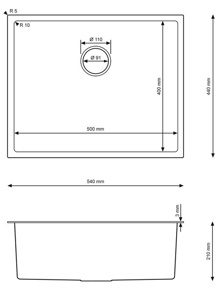 Erga HD, 1 kamrás acél mosogató 540x440x210 mm, grafit, ERG-MLS-HD5444B